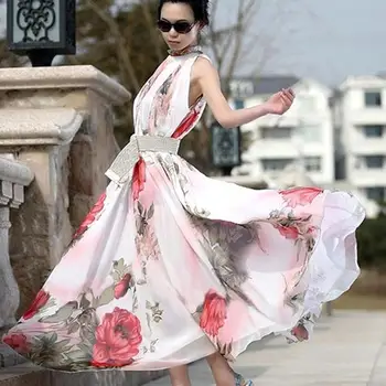 

Spring Women Vintage Bohemian Style Summer Big Flower Printed Maxi Chiffon Long Dress