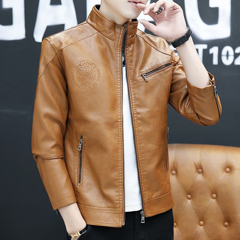 

Sweatshirt leather fashion jacket de couro slim fit wallet Men's Khaki motorcycle jackets men