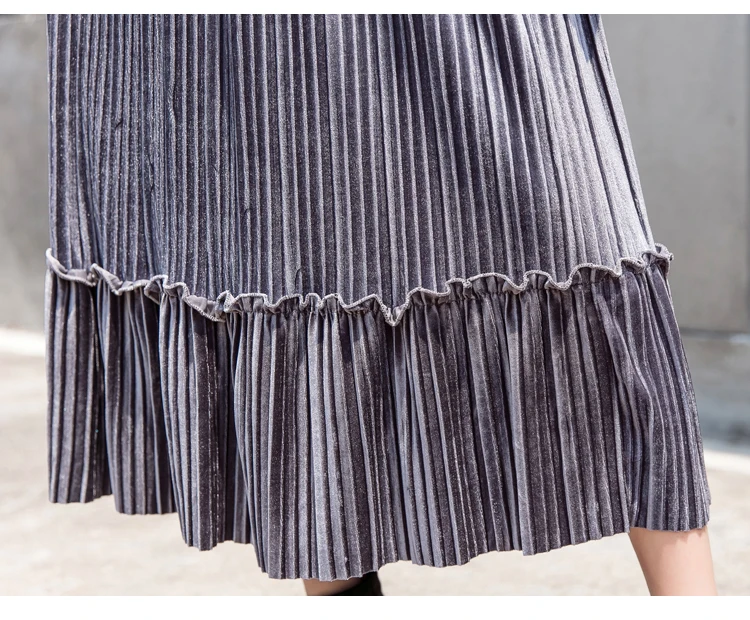 Элегантные зимние женские модные юбки, тянущаяся плиссированная юбка с высокой талией, трапециевидная макси юбка, комбинированная Ретро Вельветовая длинная юбка