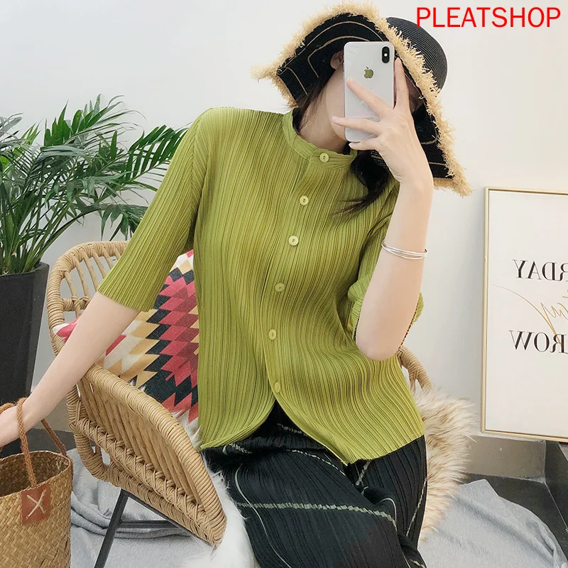 

Miyake Pleated Summer 2020 New Style Solid Color Large Size Slimming Cardigan Elegant Versatile Half-sleeve Shirt Tops Women's