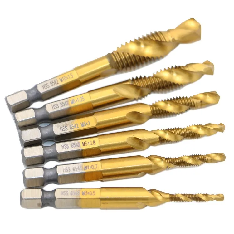 6pcs Titanium M2 Hex Shank Hand Tap HSS Spiral Point ScrewThread Metric Plug Drill Bits M3 M4 M5 M6 M8 M10 fit Metal Steel