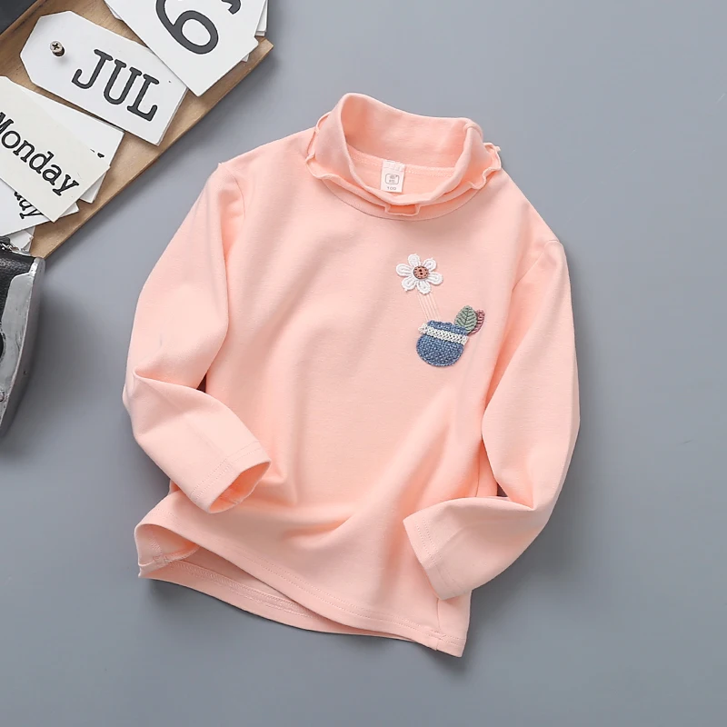 flower pink Коллекция года, Осенние рубашки для девочек топы с длинными рукавами для детей возрастом от 2 до 10 лет, верхняя одежда для подростков Детские футболки с высоким воротником хлопковая одежда для малышей - Цвет: flower pink
