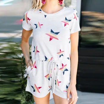 

High Fashion Bodysuits Womens Short Sleeve Star Print Jumpsuit One Piece Loose Pockets Romper Female Playsuits Dropshipping 0708