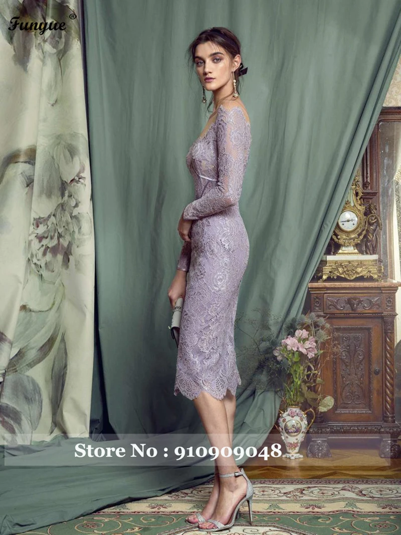 white evening dresses Purple Elegant Women Formal Evening Dresses 2021 Knee Length Lace Long Sleeves Prom Dress Vestido De Fiesta De Boda Party Gowns long sleeve formal dresses & gowns