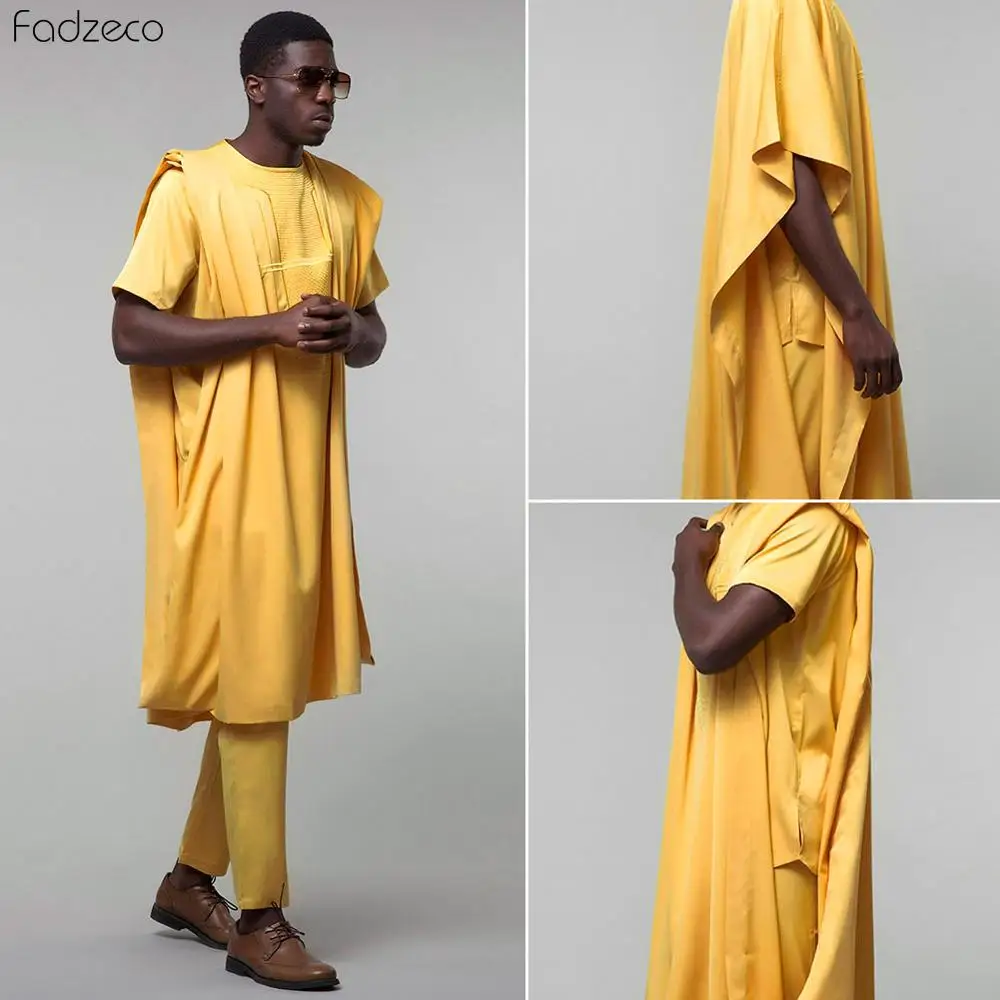Fadzeco Agbada 2019 Мужская африканская вышивка Дашики желтый Дуду топ с коротким рукавом