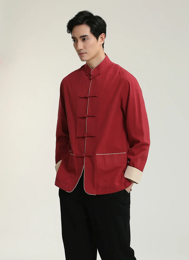 Китайский стиль, китайский стиль, лен, 2707-3, китайский костюм, мужской топ с длинными рукавами, рубашка с длинными рукавами для среднего возраста/комплект