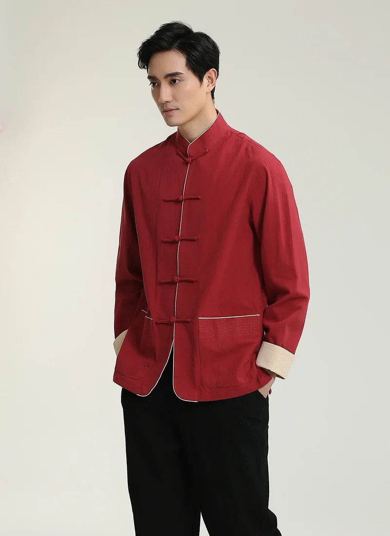 

Chinese-style Chinese Style Flax 2707-3 Chinese Costume MEN'S Long Sleeve Top Middle-aged Long-sleeved Shirt/Set