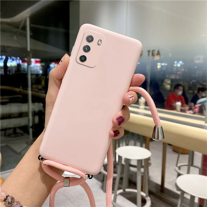 New Full Cover Candy Color Strap Lanyard Case For Xiaomi Poco M3 Silicone Global Original Soft Camera Protective Tpu Back Cover