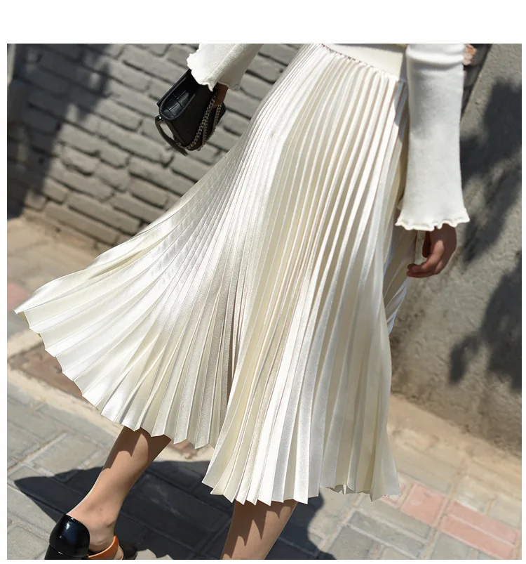 Осенняя женская элегантная складчатая юбка с высокой талией Женская белая длинная юбка женская Высококачественная Женская юбка миди черная Saia