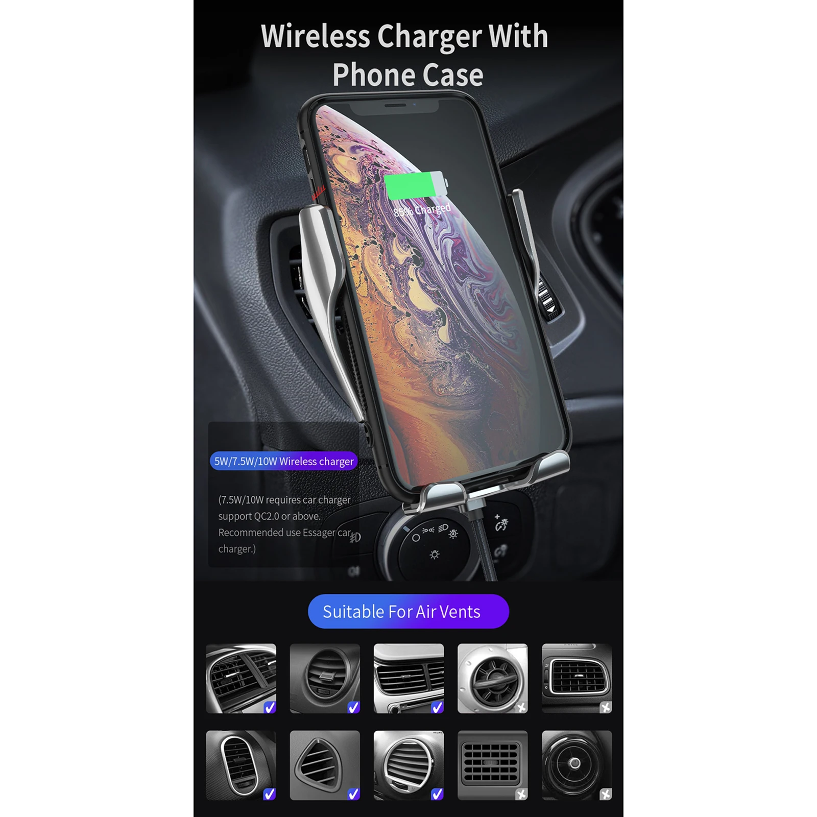 10W Qi Fast Charging Wireless Car Charger Automatic Sensor Clamping Phone Holder Mount