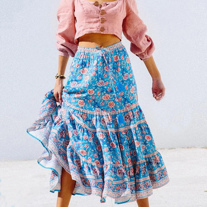 

TEELYNN midi women skirt 2020 autumn spring blue rose Floral print long skirt gypsy Drawstring waist beach wear boho skirt Falda