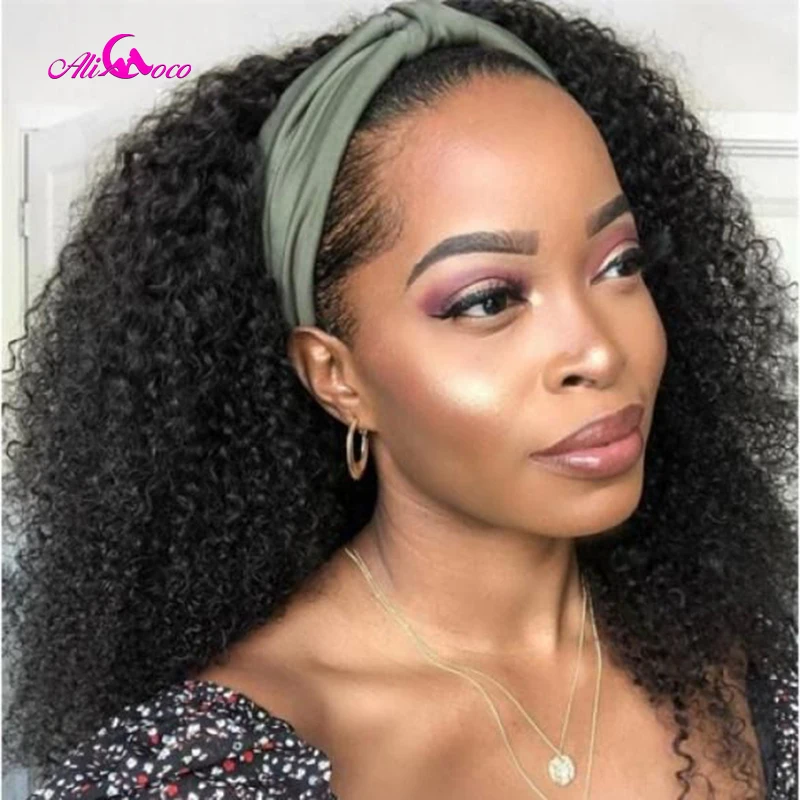 Afro Curl Human Hair Wig For Black Women Chocolate Brown Colored Curly Headband Wig 200 Density Curly Human Hair Wig Ali Coco