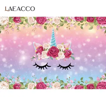 

Laeacco Pink Unicorn Birthday Party Shiny Dots Flowers Customized Poster Baby Child Photo Background Photo Backdrop Photo Studio