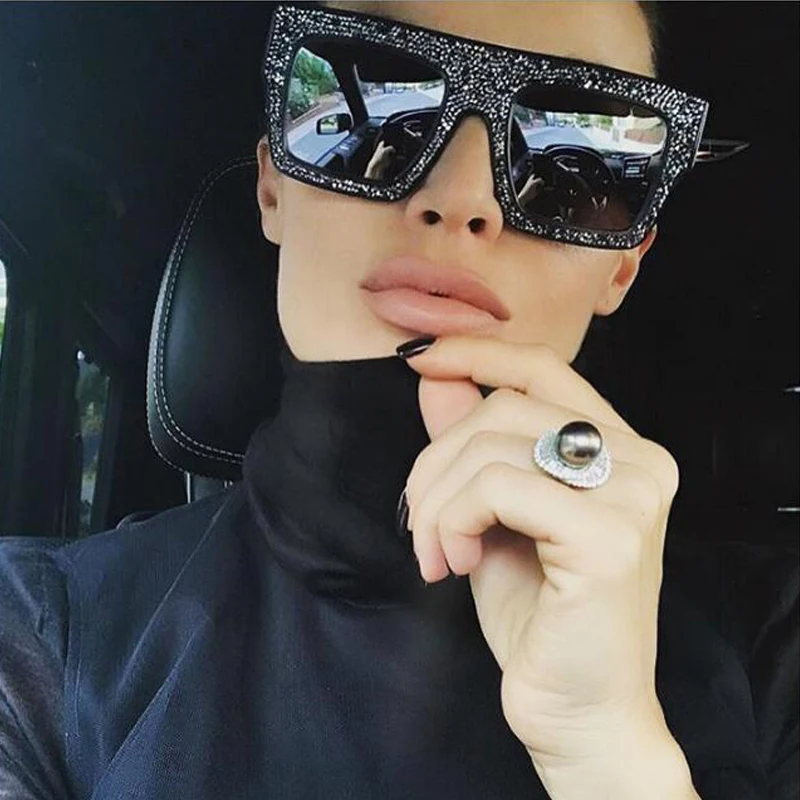 QPeClou негабаритных роскошные квадратные солнцезащитные очки с кристаллами для женщин, градиентные солнцезащитные очки с бриллиантами, мужские зеркальные линзы, унисекс, оправа для очков