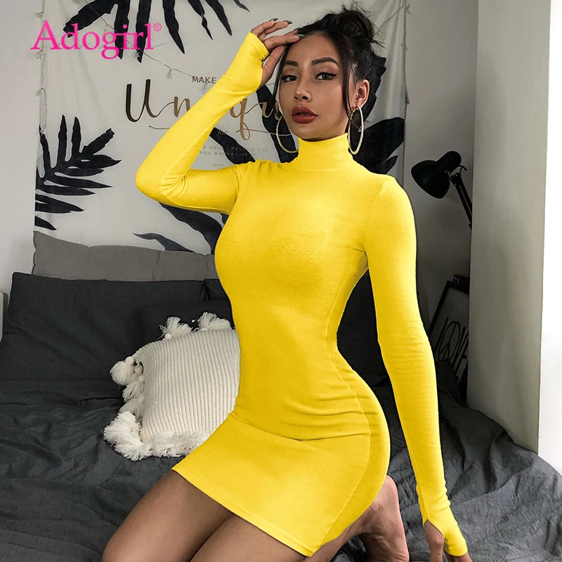 

Adogirl 2019 Autumn Winter Solid Bodycon Dress Turtleneck Long Sleeve Slim Mini Casual Dresses Highly Stretchy Knitted Vestidos