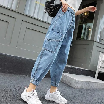 

High Waist Cargo Jeans Woman Spring Summer Plus Size side big pockets Mom jeans Ladies women Denim Harem pants Loose jeans femme