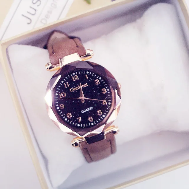 Brown Color Женские модные часы Лидер продаж дешевые звездное небо женские часы-браслет повседневные кожаные кварцевые наручные часы Часы Relogio Feminino - Цвет: Brown Color