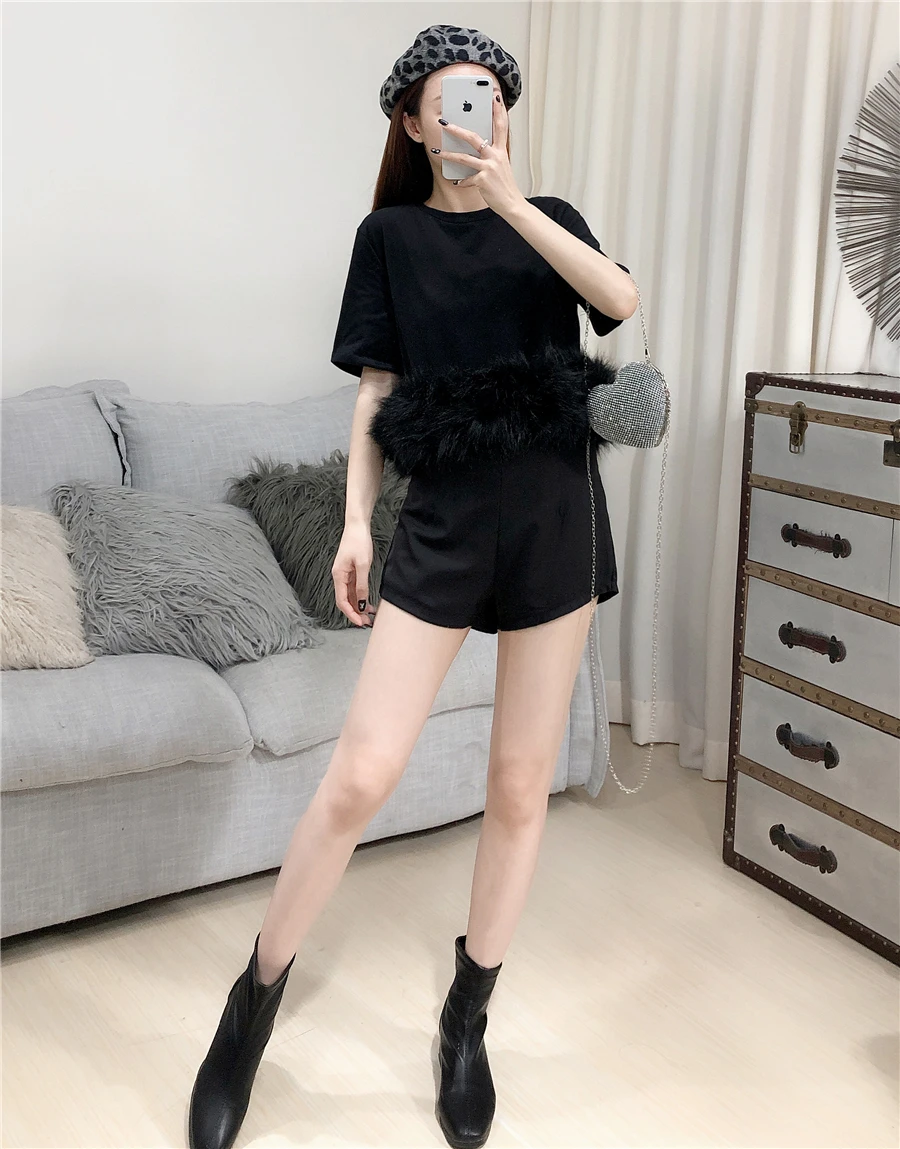 ALPHALMODA, весна, новинка, Джокер, простой пуловер, короткий рукав, футболка для женщин, меховая отделка, пэчворк, модная футболка, черный, белый