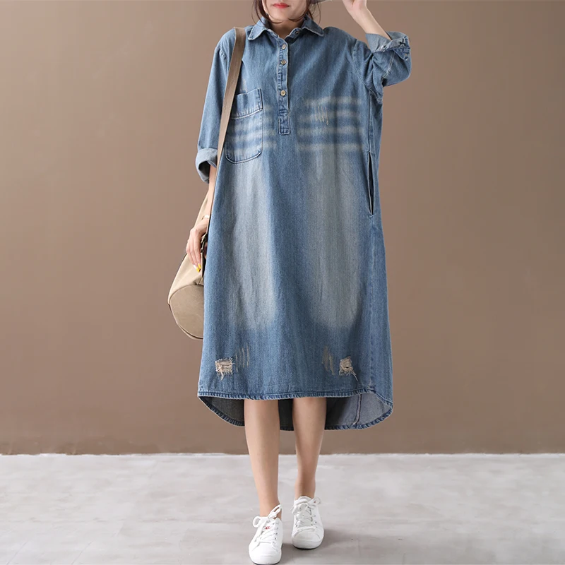 SuperAen/осень, джинсовое платье в Корейском стиле, женское свободное модное платье большого размера с отверстиями и длинными рукавами, повседневная женская одежда