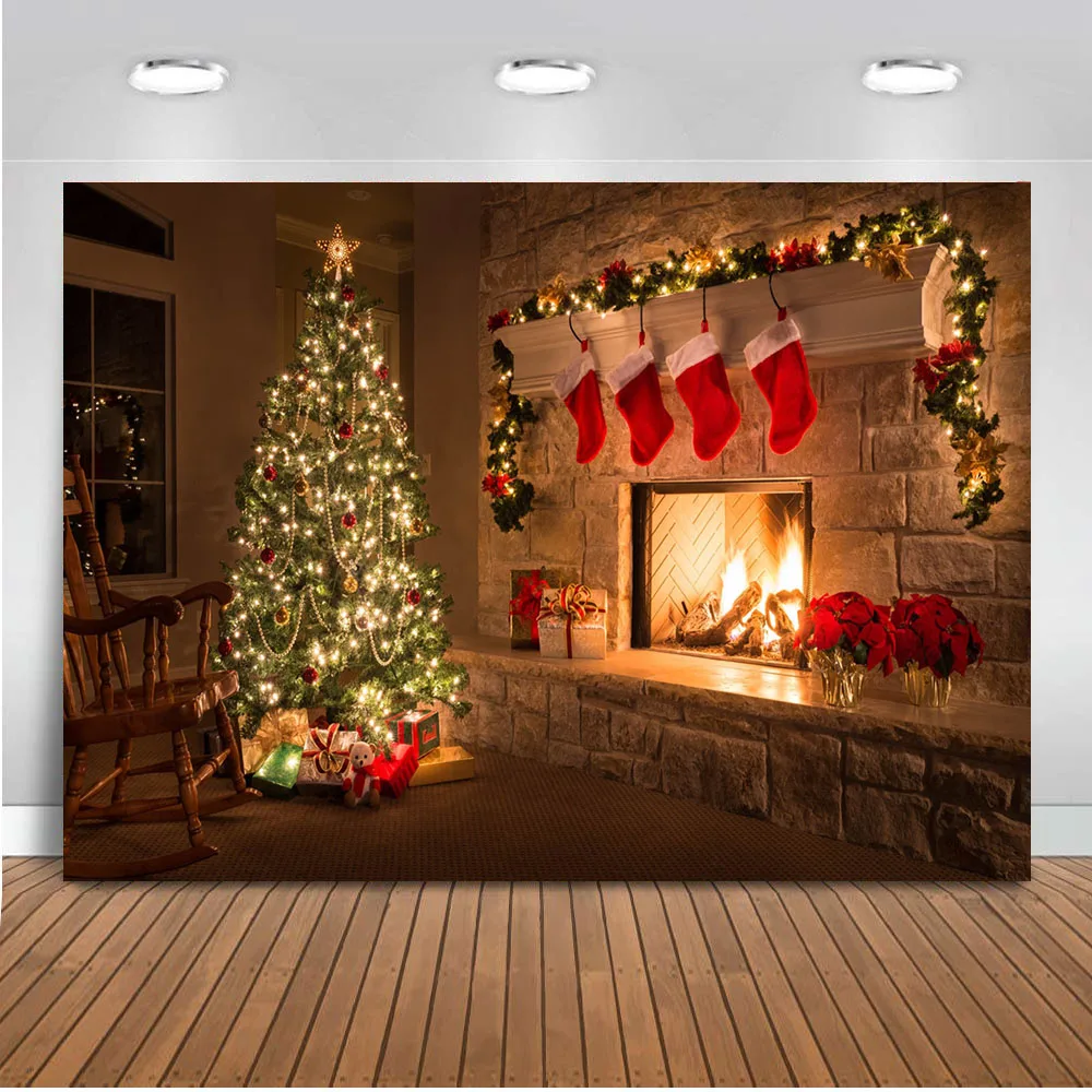 

Christmas backdrop for Photography Fireplace Red Socks Photo Background Christmas Tree Family Foto de navidad Photocall Prop