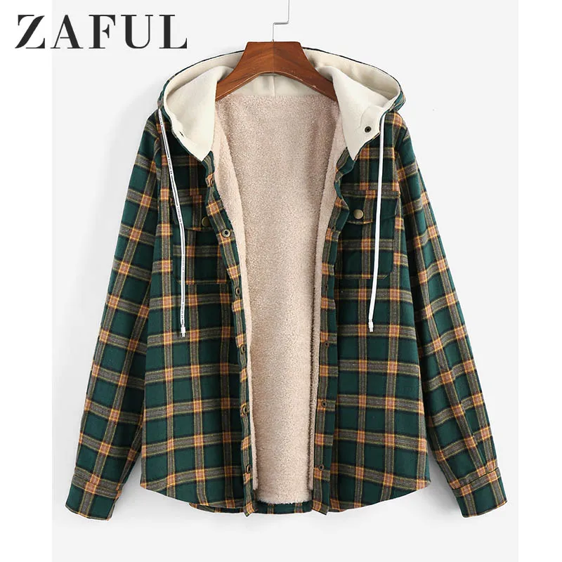 Женская клетчатая куртка с капюшоном ZAFUL пушистая на пуговицах теплая винтажная