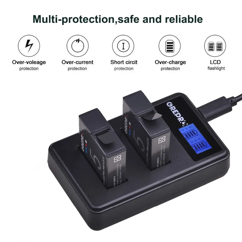 GREPRO AHDBT-501 батарея для камеры+ ЖК-экран USB двойное зарядное устройство AHDBT 501 для Gopro 5 Hero 5 Hero 6 Hero 7 аксессуары