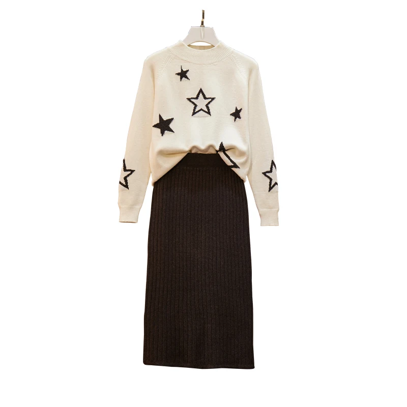 

New Winter Two-Piece Clothing Set Women Star Knitting Sweater & Black Skirt Outfit Top Skirts Outfit Knitwear Leisure Clothes