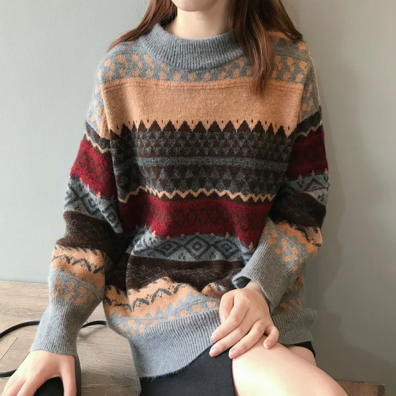 Женский свитер в полоску с круглым вырезом, винтажный Свободный Повседневный вязаный женский осенне-зимний пуловер