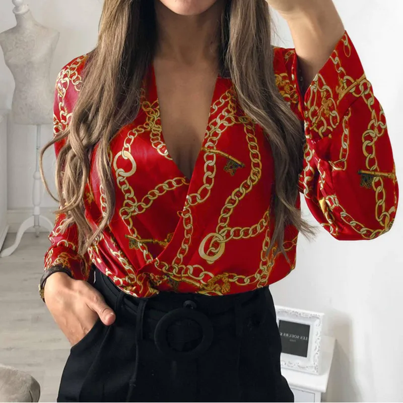 Vintage Fashion Womens Rompers Jumpsuit Long Sleeve Chain Print V-neck Shirt Ladies Clubwear Party Sexy Satin Bodysuits Tops