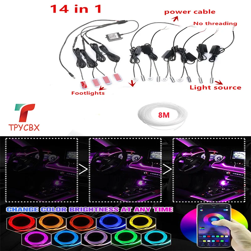 

14 в 1 RGB светодиодный атмосферный автомобильный светильник, внутренсветильник освещение, волоконно-оптическая лента светильник с управлением через приложение «сделай сам», музыка, оптоволоконный диапазон 8 м