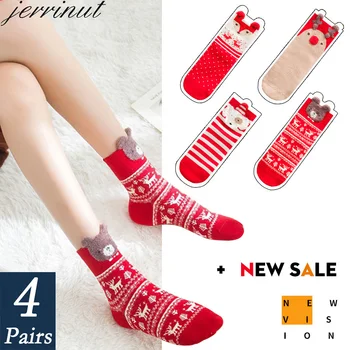 

4 Pairs Warm Winter Christmas Socks Soft Cotton Woolen Funny Socks Women With Print Cute Santa Claus Deer New year Socks