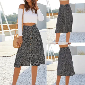 

2020 Summer Fashion Women Floral Printed Skirts Button Casual Clothes Ruffles A-Line Jupe Pleated Lace Up Skirt Ropa Mujer #C12