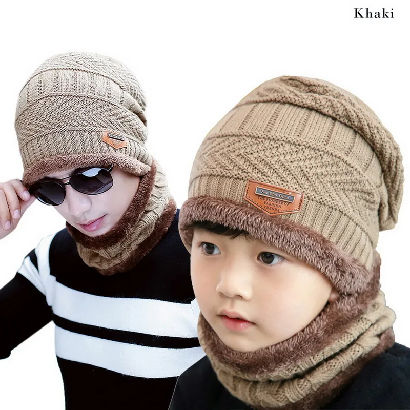 khaki HEFLASHOR/Зимний комплект из 2 предметов, Шапочка-шарф, теплая вязаная Толстая шерстяная Кепка с подкладкой, шарф для мужчин, женщин и детей, Новая мода - Цвет: khaki