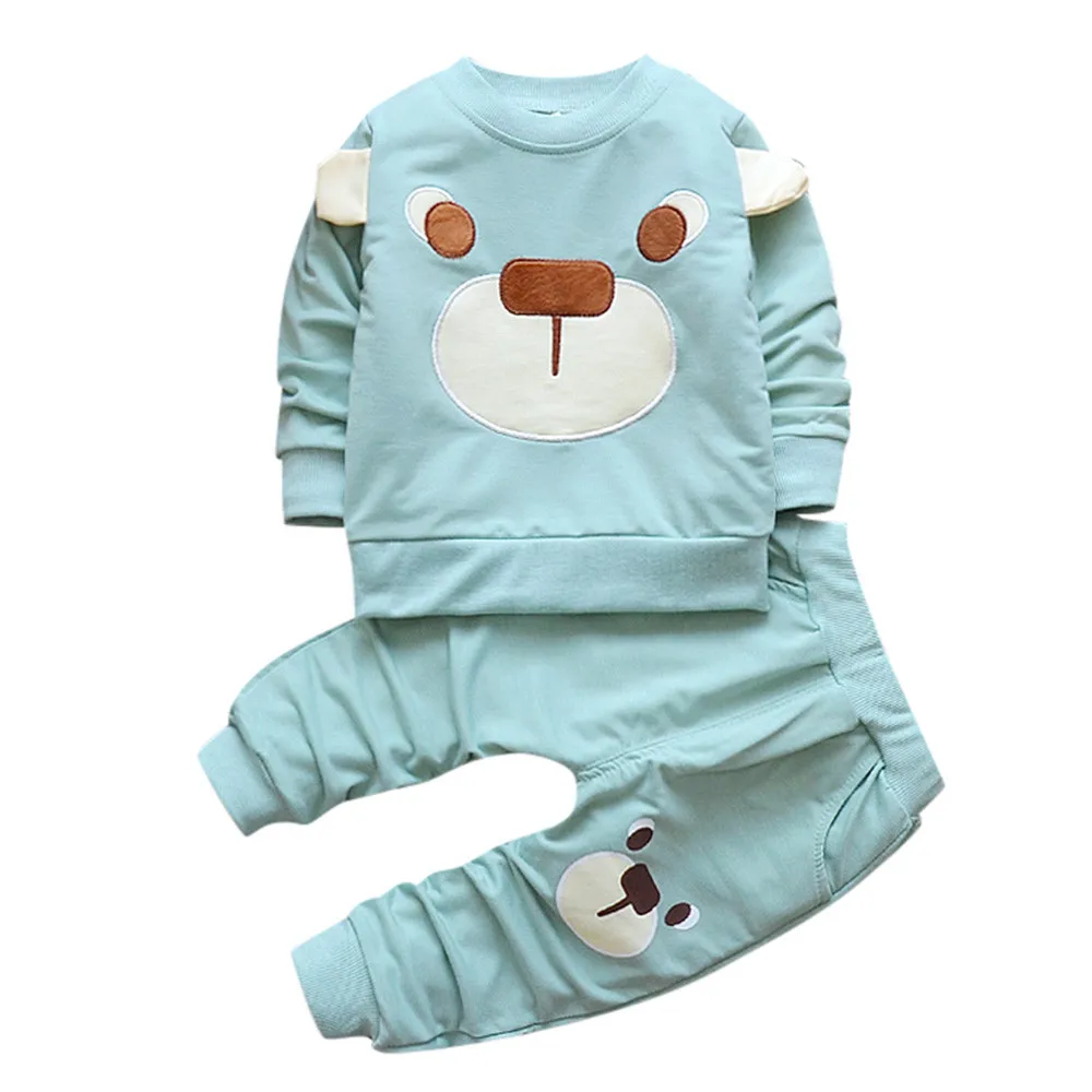 Fashion baby girl clothes baby sets cotton o-neck Infant Toddler Baby Girls Cartoon Bear Pullover Tops Pants Outfits Set H4