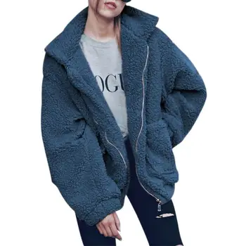 

Fashion Women Soft Fluffy Coat Autumn Winter Warm Artificial Lamb Fleece Jacket Lapel Zipper Pocket Ladies Outerwear