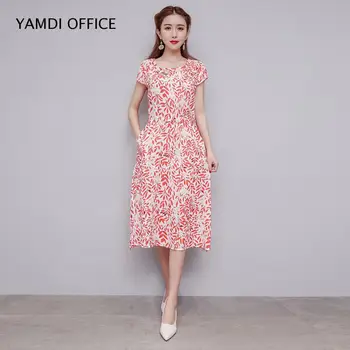 

2019 New women clothes midi dress casual office lady slim print floral cotton elegant luxury short sleeve dresses plus size 4xl