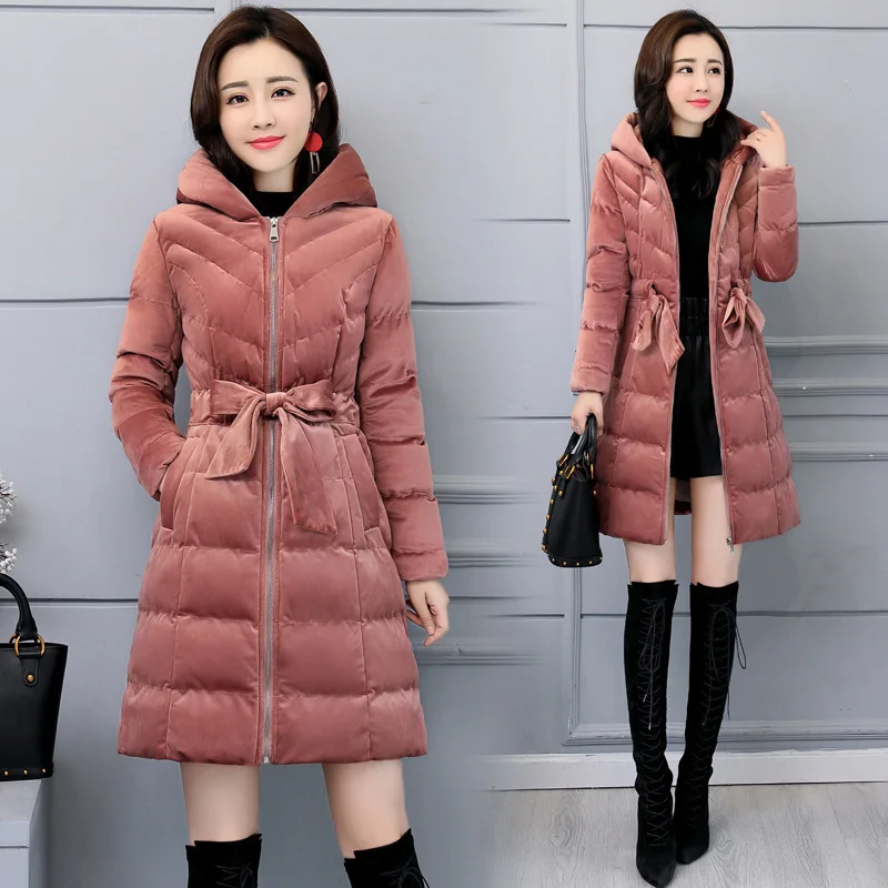 

2018 Winter New Style Korean-style Slim Fit Slimming Mid-length Gold Velvet Warm Cotton-padded Clothes Women's Hooded Cotton Coa