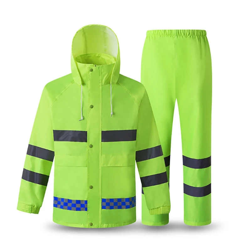 

High Visibility Reflective Rain Suit Hooded Long Sleeve Jacket Pants Kit Windproof Waterproof Construction Safety Raincoat Rain