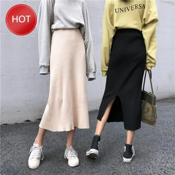 

Korean Fashion All-match Split Midi Faldas Mujer Solid Color Black Skirts Womens Harajuku Streetwear Knit Skirt Autumn Winter