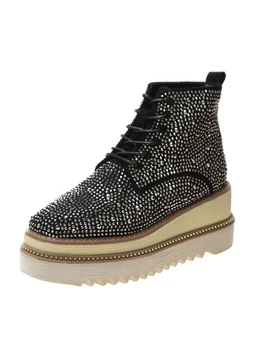 

European water drill sponge thick sole lace-up brock ankle boots full drill Martin locomotive square head women fashion shoes