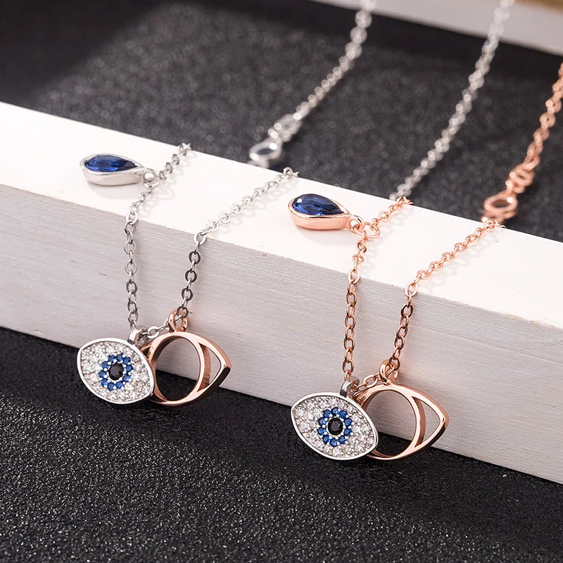

2019 Newest 925 Sterling Silver Devil's Eye Crystal Necklace Blue Eye Crystal Pendant Short Clavicle Necklace Jewelry
