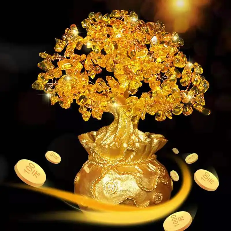 180mm Natural Yellow Citrine Quartz Crystal Money Bag Wealth Tree Lucky Fashion Base AAAAAPowerful Healing Stone