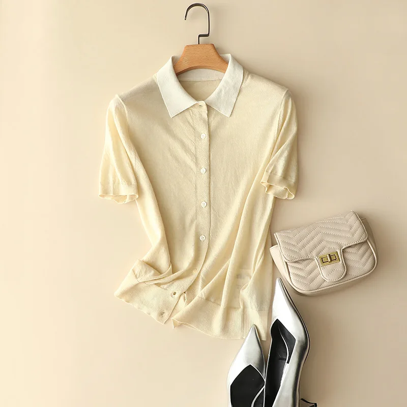 

Женская кофта с коротким рукавом и воротником-поло, трикотажная кофта из 100% кашемира с камнями, весна-осень