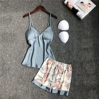 

Summer Cami Top Full Sleepwear 2Pcs Sexy Home Clothes Sleeveless Pajamas Set Shorts Nightwear With Chest Pads Pijamas Women