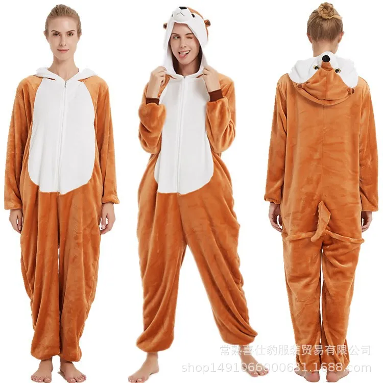 Новинка, пижамы для взрослых с животными, аниме, Комбинезоны для женщин, кигуруми, ночная рубашка, единорог, панда, Фланелевая пижама с рисунком кролика, комбинезон для косплея - Цвет: brown