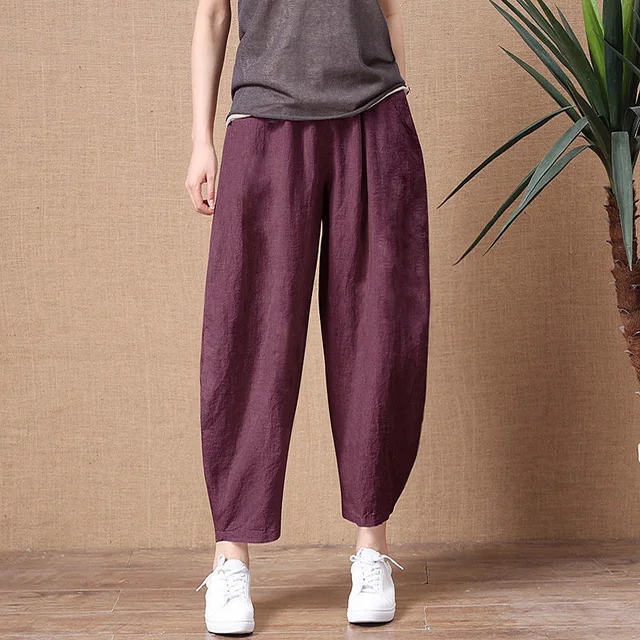 ShiMai Women's Cotton Linen Pants Elastic Waist Vintage Trousers Lady Loose Casual Pants S-5XL Retro Literary Cotton Trousers Claret
