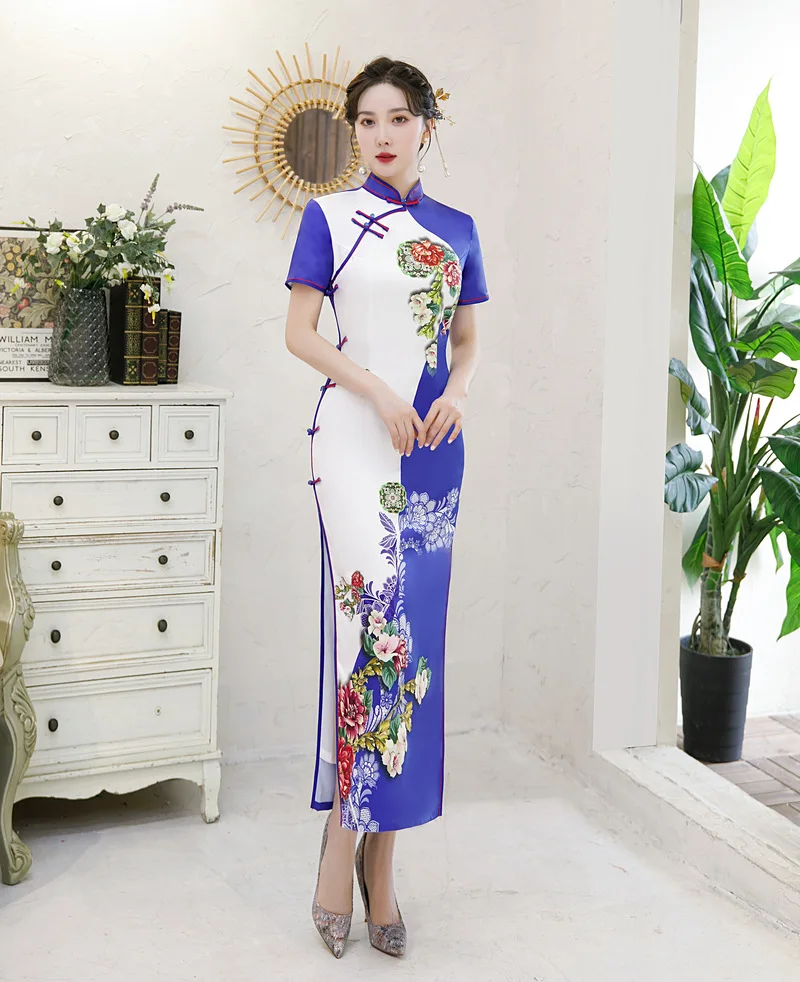 Hot Sale Traditional Chinese Women Long Dress Summer New Silk Satin Qipao Sexy Slim Printed Cheongsam Size M L XL XXL XXXL