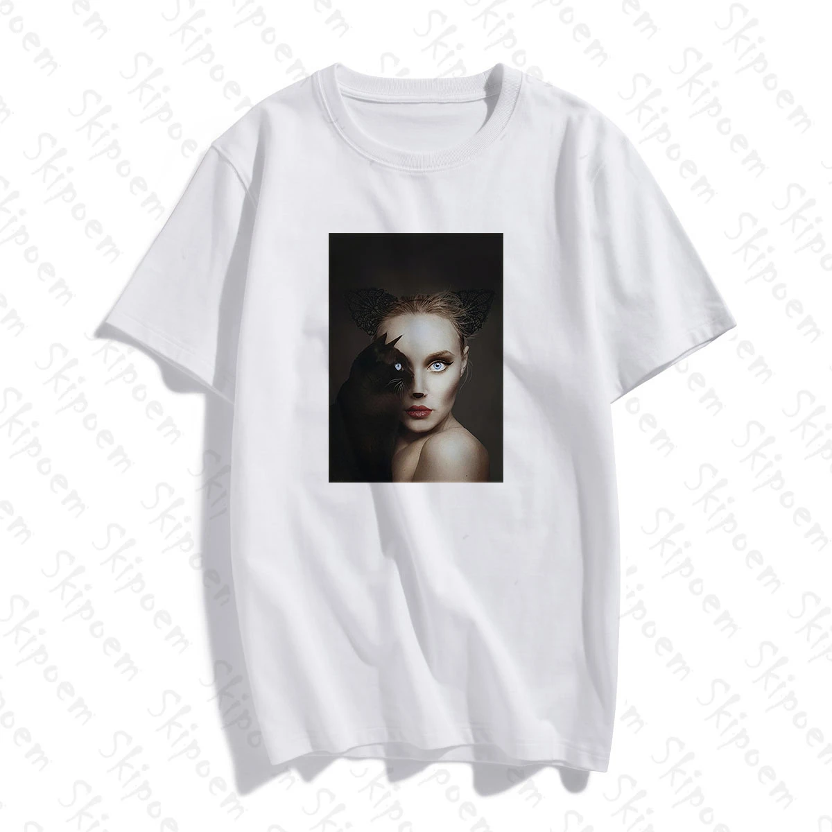

New Fashion Funny Cotton T shirt Black Cat With Sexy Woman Simple Artwork Print Short Sleeve Tops & Tees Fashion Casual Brand