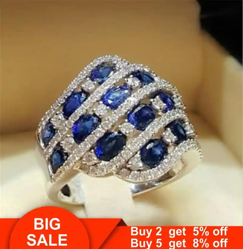 Color Azul Piedra Cz AAA banda con estilo para Mujer Boda Anillo De Plata 925 Talle 6-10