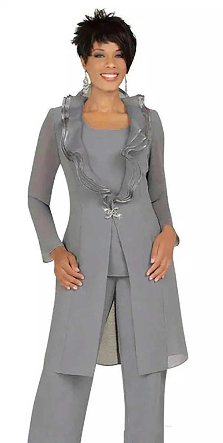 3 Pcs Mother of the Bride Pant Suits with Long Jacket Gray Chiffon Custom  Made Women Wedding Guest Dresses Evening Outfits